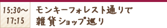 15:30〜17:15 モンキーフォレスト通りで雑貨ショップ巡り