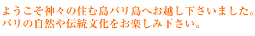 ようこそ神々の住む島バリ島へお越し下さいました。バリの自然や伝統文化をお楽しみください。